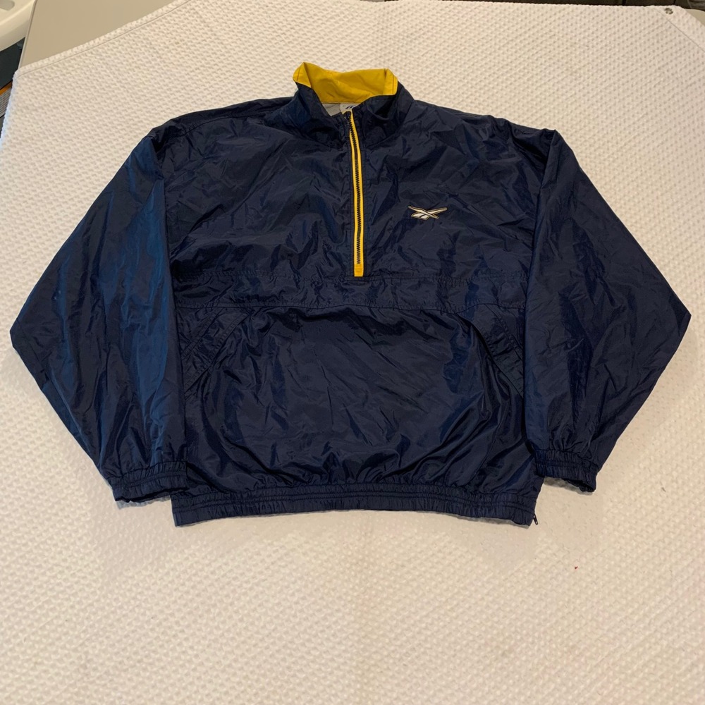 Reebok Vintage Quarter Zip Windbreaker Navy Blue Yellow Mens Large Pullover